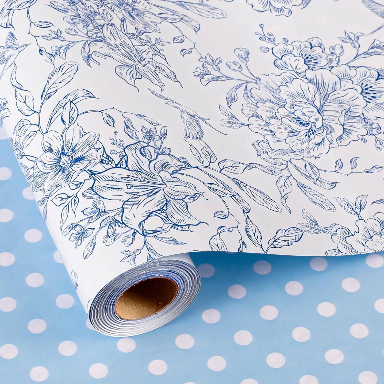 Burymento Blue and White Porcelain Flower Wrapping Paper, Reversible Blue Dot Design Gift Wrap for Baby Shower, Birthday, Valentines, Mothers day, Graduation, Wedding, Fathers day, Christmas (17 Inch X 32.8 Feet) | Amazon (US)