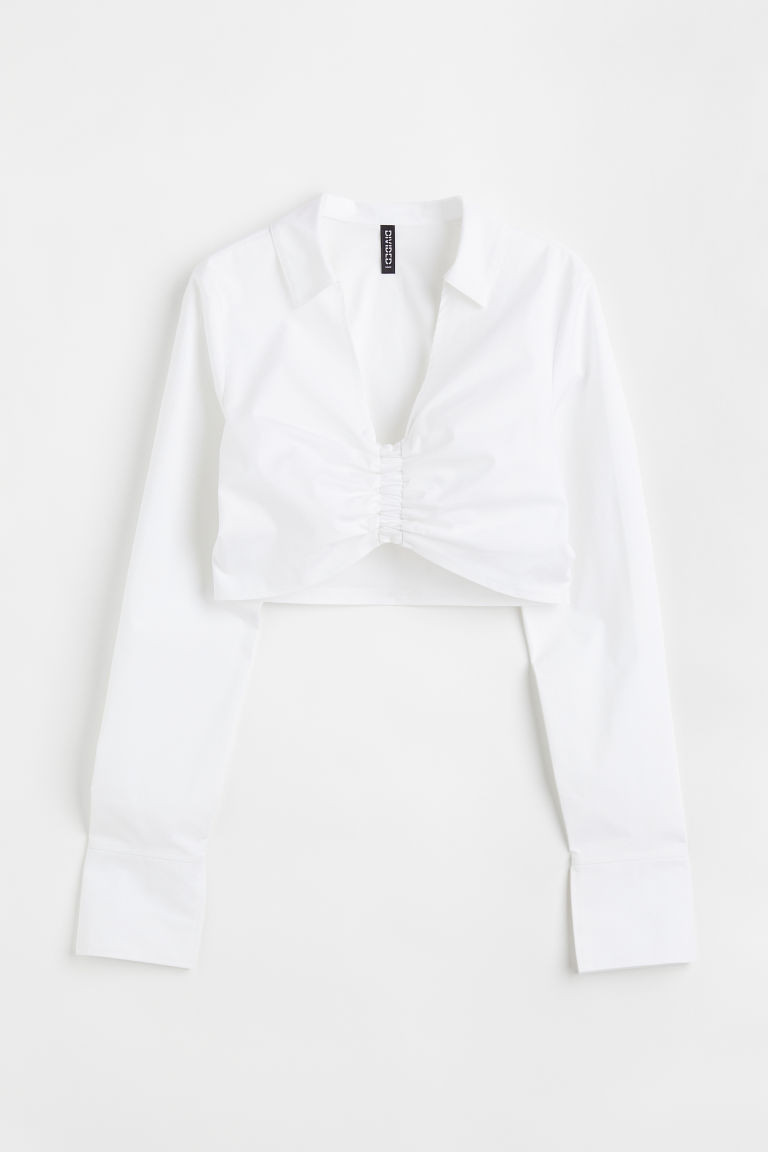 H & M - Cropped gathered shirt - White | H&M (UK, MY, IN, SG, PH, TW, HK)