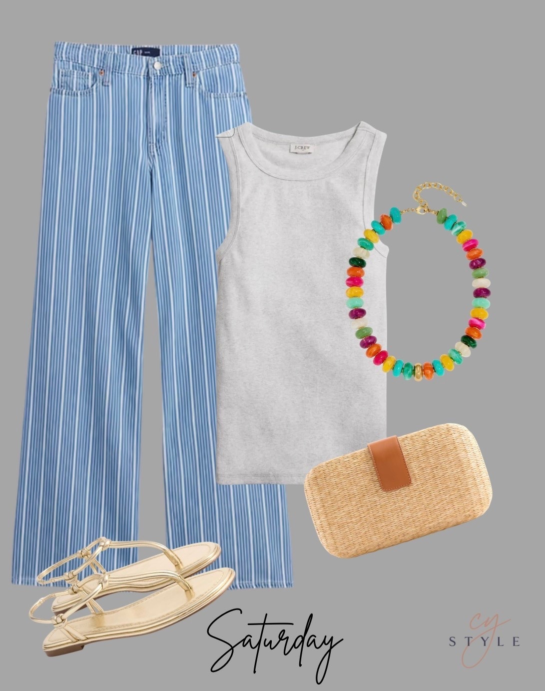 These striped jeans!!!! Always a grey tank! Switch up from white—it’s a neutral too! A fun necklace and gold sandals that you must add to your summer shoe collection!

#LTKootd #LTKSaleAlert #LTKOver40