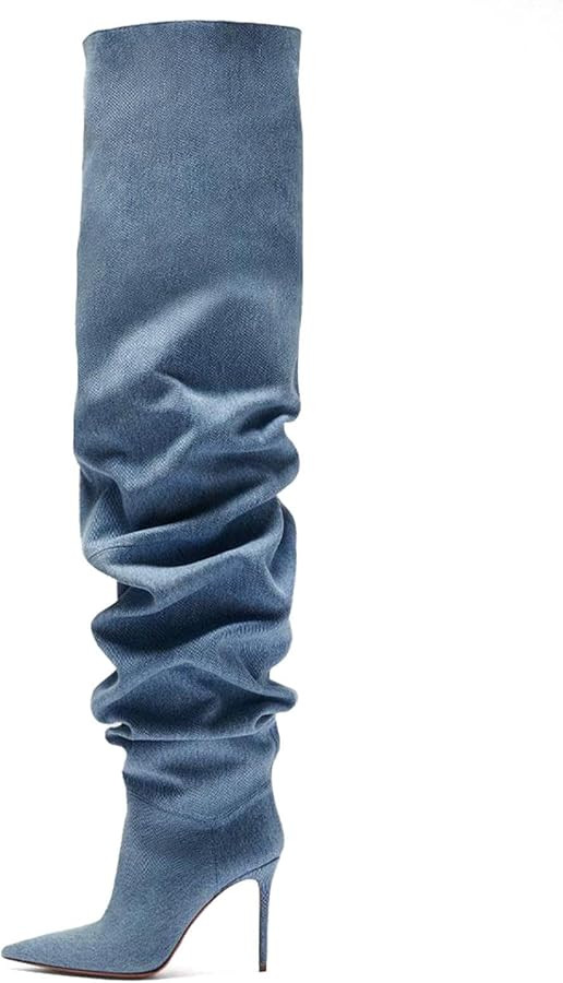 KaroNairy Womens Denim Thigh High Boots Pointy Toe Stiletto Heel Knee High Boots Cowboy Boots Tal... | Amazon (US)