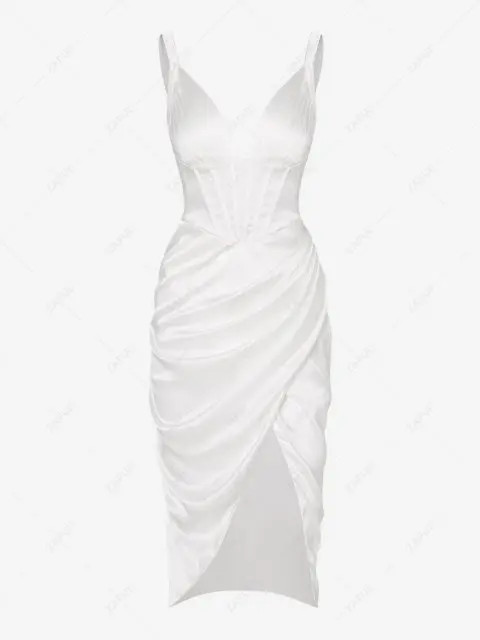 Silky Pleated Draped Bustier Corset-style Midi Dress - White S | ZAFUL (Global)