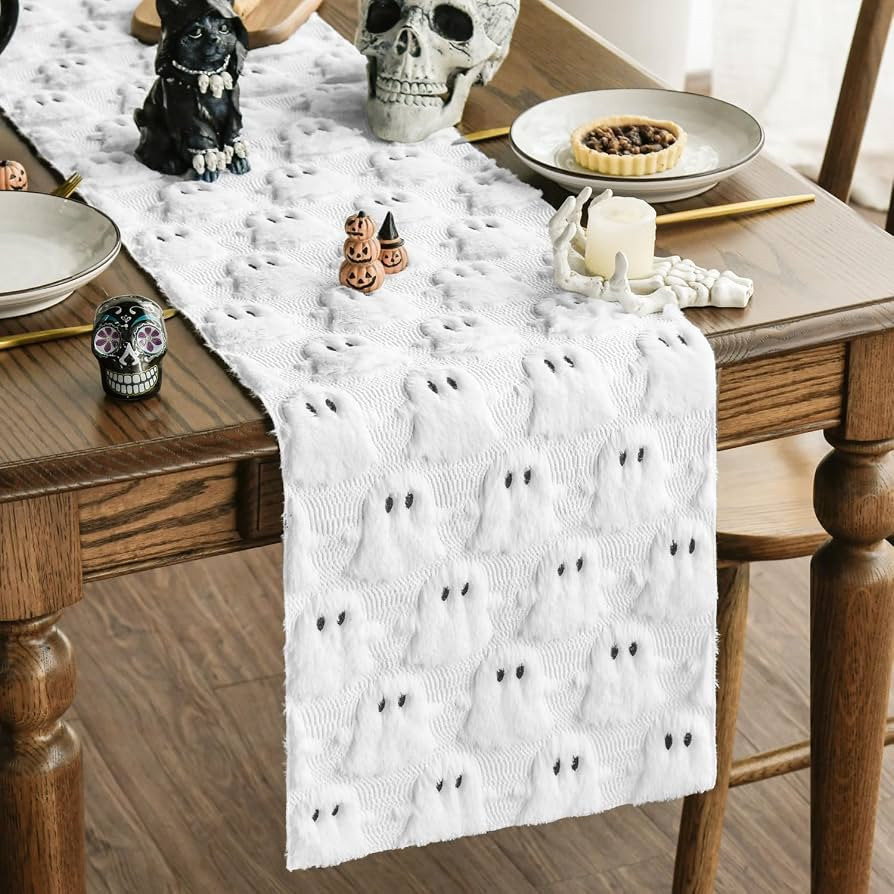 Artoid Mode White Soft Faux Fur Ghost Halloween Table Runner 13x72 Inch | Amazon (US)