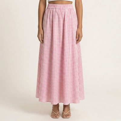 Anna-Kaci Women's Gingham Pattern Maxi Skirt with Full Gathered Silhouette and Soft Flowing Fabric - Large, Pink | Target