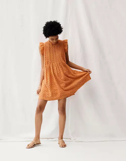 Eyelet Ruffle-Sleeve Pintuck Mini Dress | Madewell