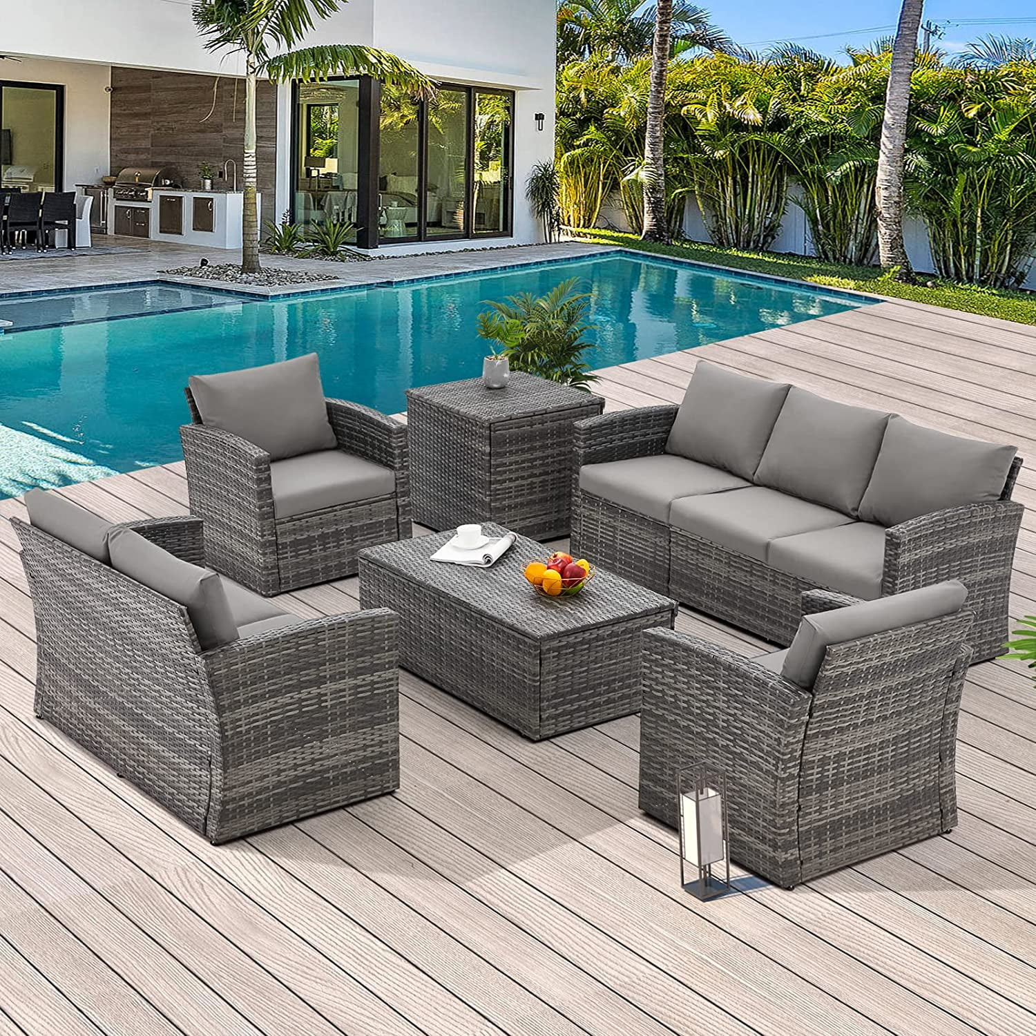 AECOJOY 7 Pieces Outdoor Furniture Set with Two Storage Boxes, Rattan Wicker Sectional Sofa Couch... | Walmart (US)