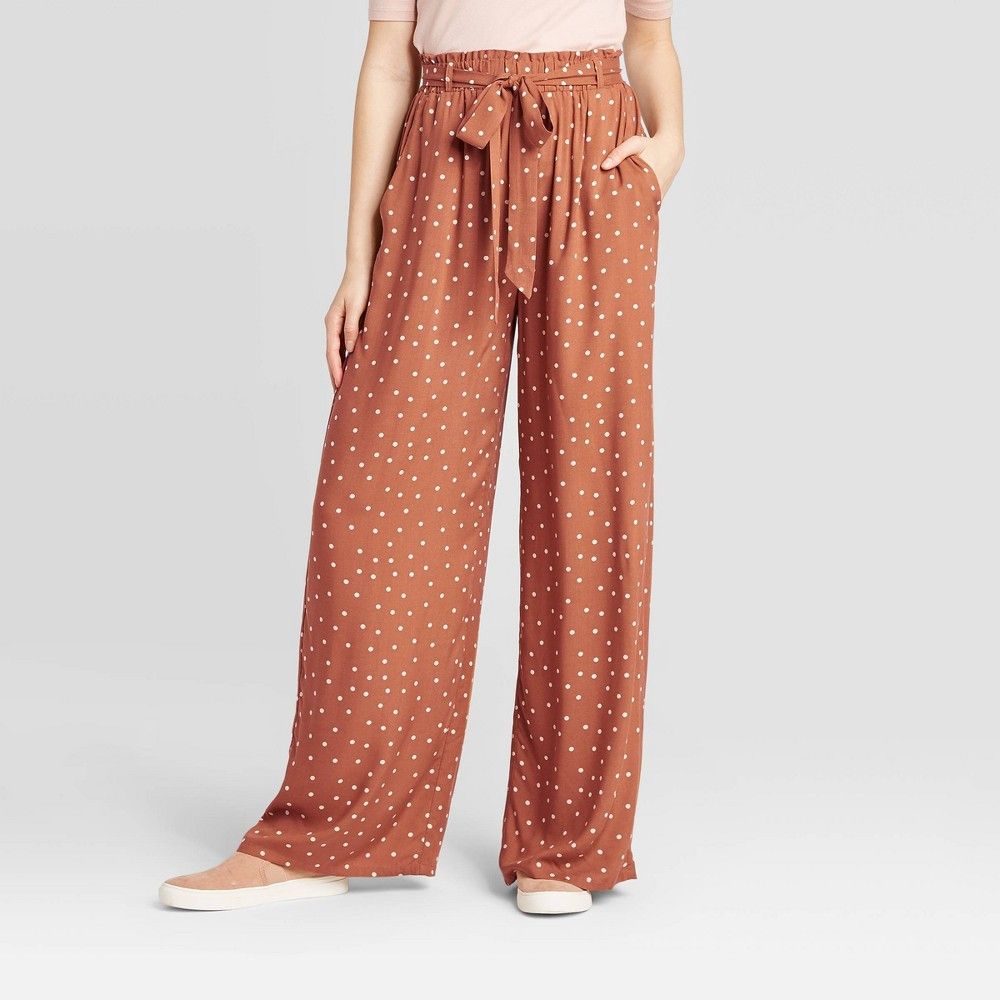 Women's Polka Dot Mid-Rise Belted Wide Leg Soft Pants - Xhilaration Brown S, Women's, Size: Small | Target