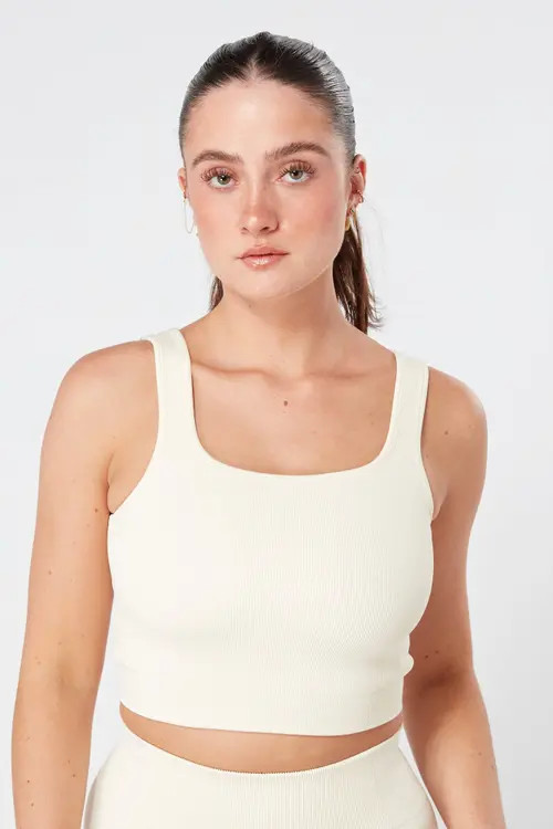 Twill Active Recycled Seamless Rib Crop Top in Cream at Nordstrom, Size Medium | Nordstrom