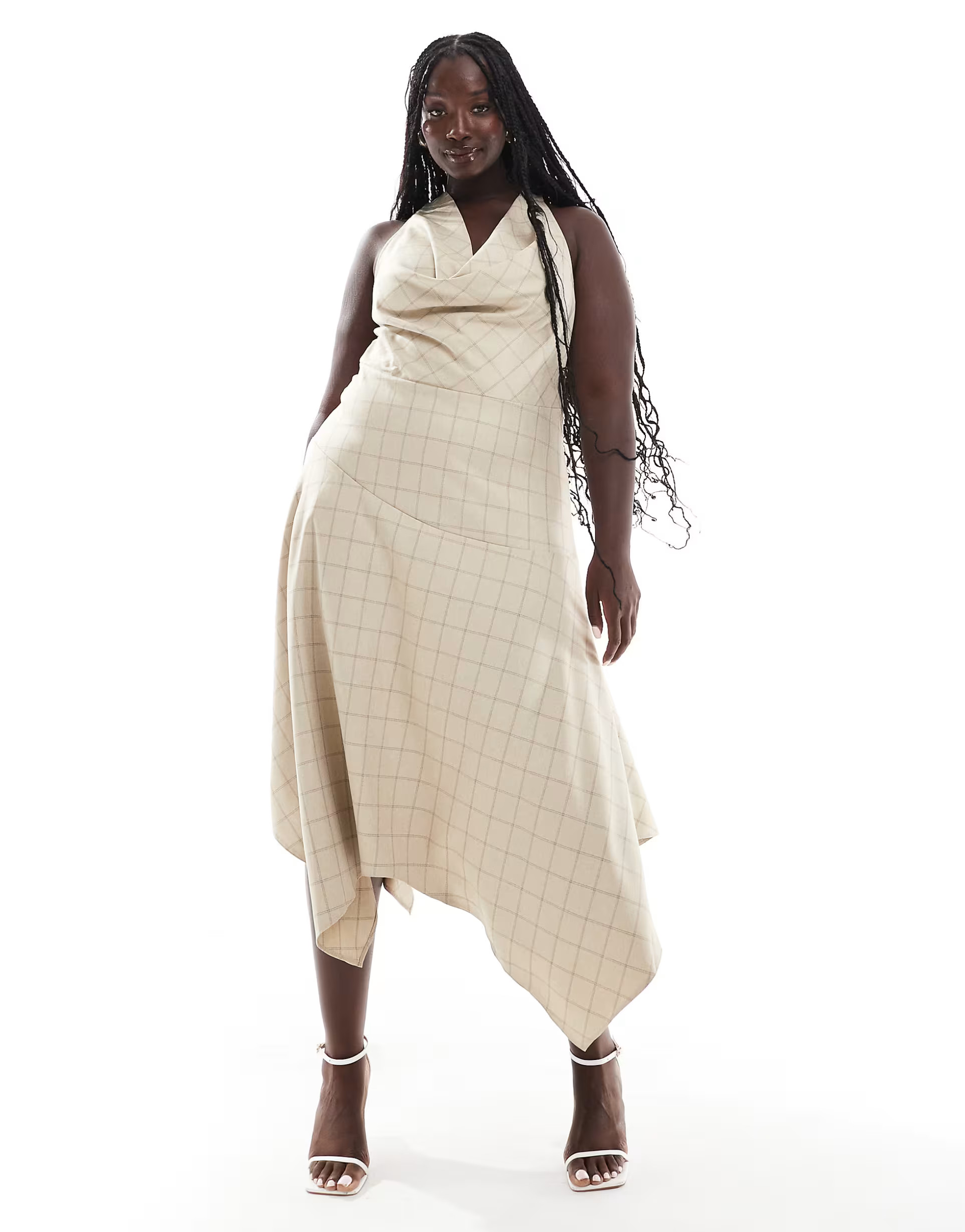 ASOS DESIGN Curve cowl neck halter midi dress with full skirt in check | ASOS (Global)