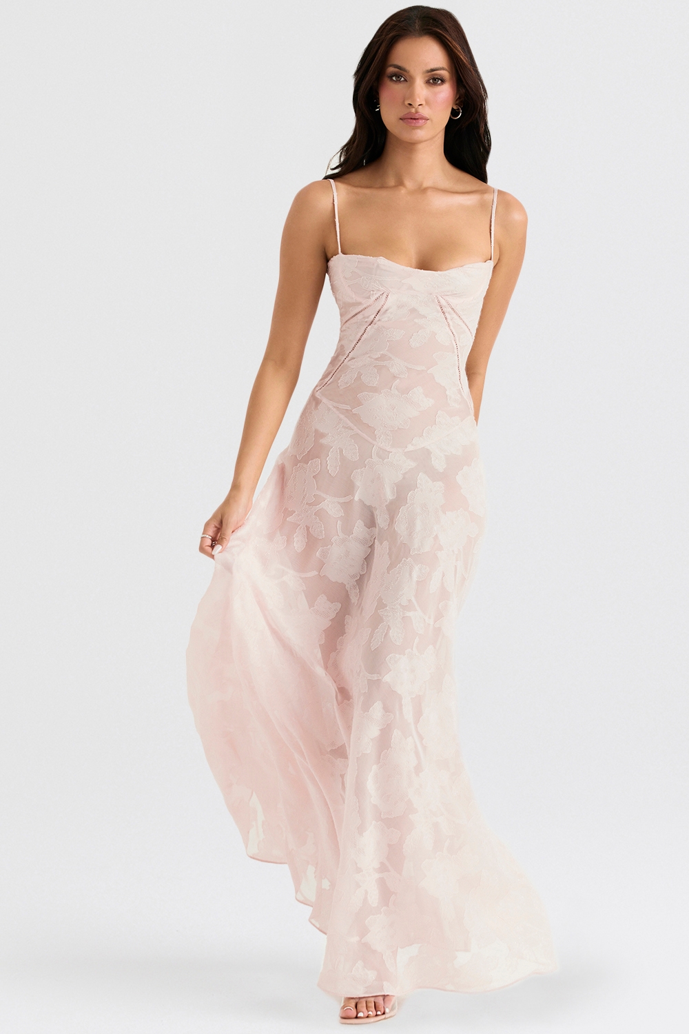 soft pink floral lace back maxi dress | House of CB
