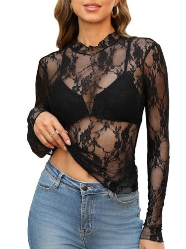 Black Floral Mesh Top Mock Neck Lace Undershirt Long Sleeve Shirts Mesh Tops for Women L | Amazon (US)