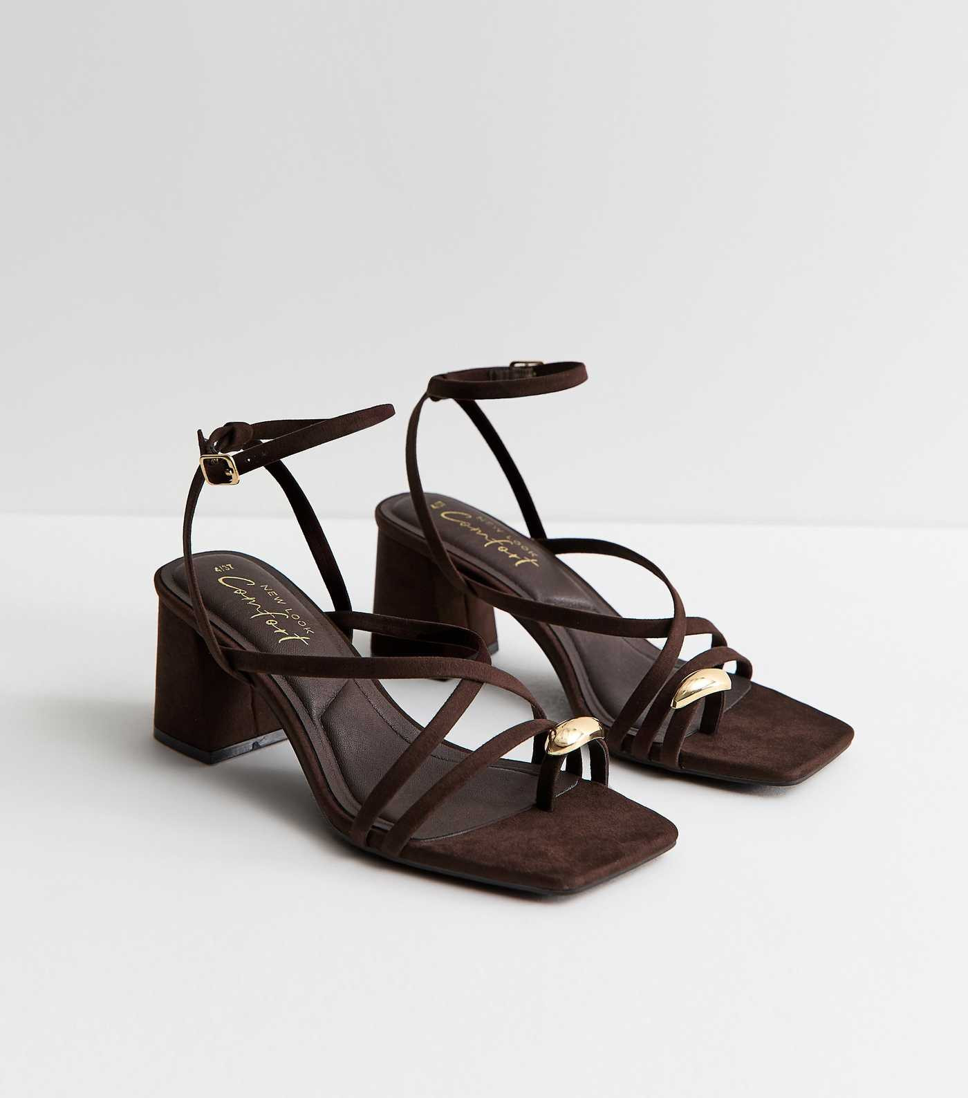 Dark Brown Faux Suede Metal Toe Loop Block Heel Sandals | New Look | New Look (UK)