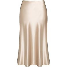 Basoteeuo Midi Skirts for Women High Waist Satin Summer Casual Sexy Midi Length Elastic Skirt | Amazon (US)