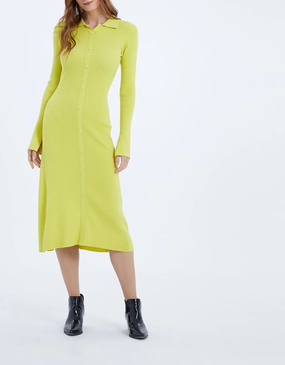 Solid Button Through Rib Knit Dress | Urban Revivo