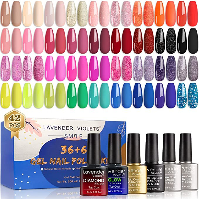 Lavender Violets 42 Pcs Gel Nail Polish Kit Set with 36 Colors Coat, 6 Bottles of Base top Coat, ... | Amazon (US)