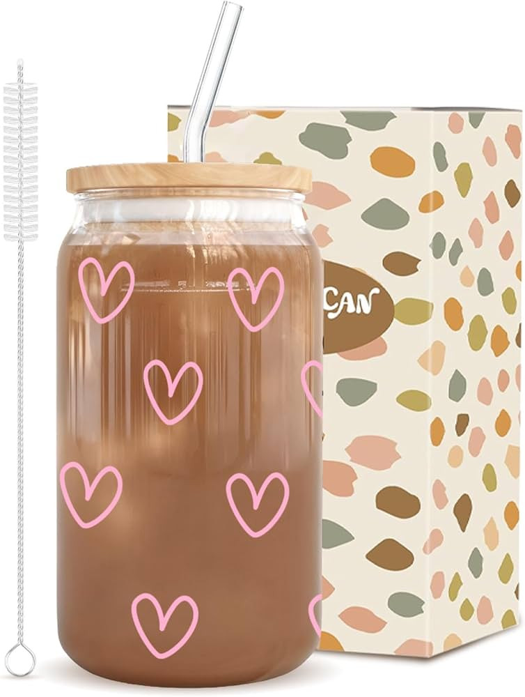 Amazon.com: Pink Heart Design Glass Cup Set - 16 Oz Romantic Tumbler with Bamboo Cover, Dual Stra... | Amazon (US)