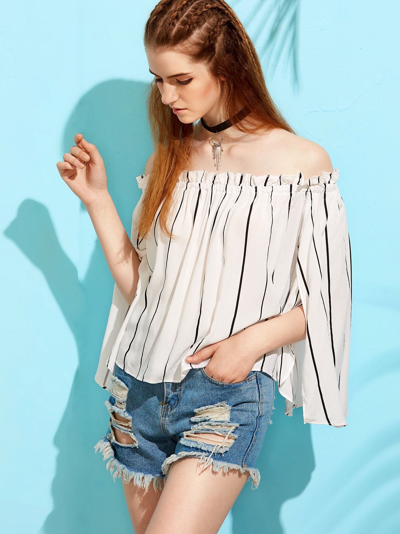 White Vertical Striped Bell Sleeve Off The Shoulder Top | Romwe