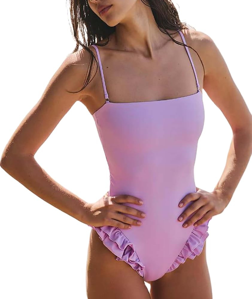 Mxiqqpltky One Piece Womens Swimsuits Y2k Ruffle Bathing Suit Spaghetti Strap Square Neck Tummy C... | Amazon (US)