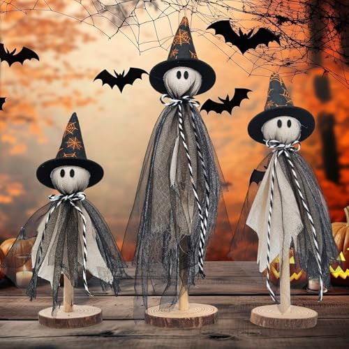 Halloween Decorations Ghost Shelf Sitters – Set of 3 Wooden Halloween decor with Witch Hats – Fabric Ghost Figures with Spiderweb Design – Table Decor for Tiered Tray, Mantel, Party Supplies(Black) | Amazon (US)