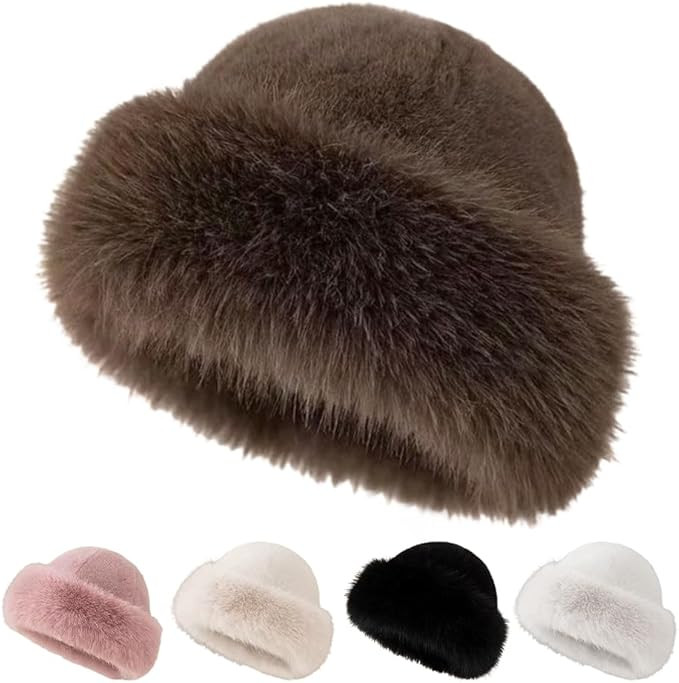 Womens Winter Faux Fur Bucket Hat, 2025 New Warm Plush Fluffy Furry Mink Hats Thick Fisherman Cap... | Amazon (US)