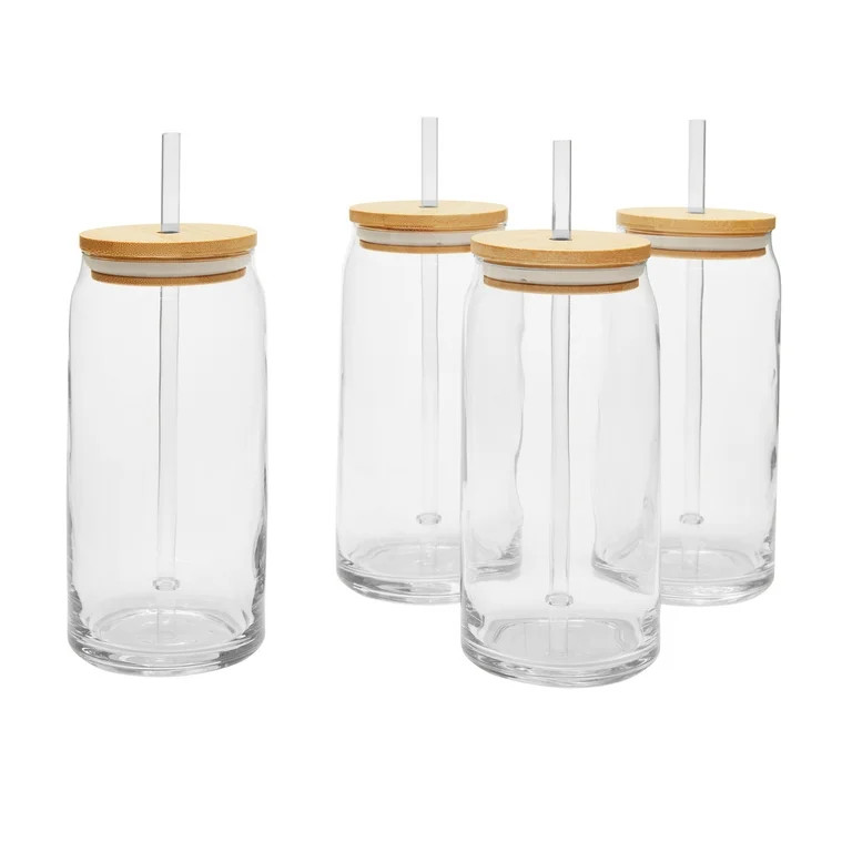 Mainstays Briar Can Glass Drinkware with Lids & Straws, Set of 4 | Walmart (US)