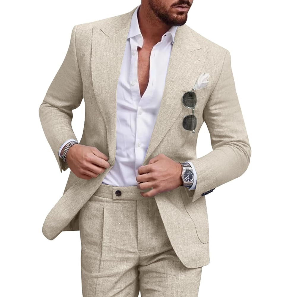 Linen Men Suit Set Casual Tuxedo 2 Piece Regular Fit Blazer One Button Solid Jacket and Pants for... | Amazon (US)