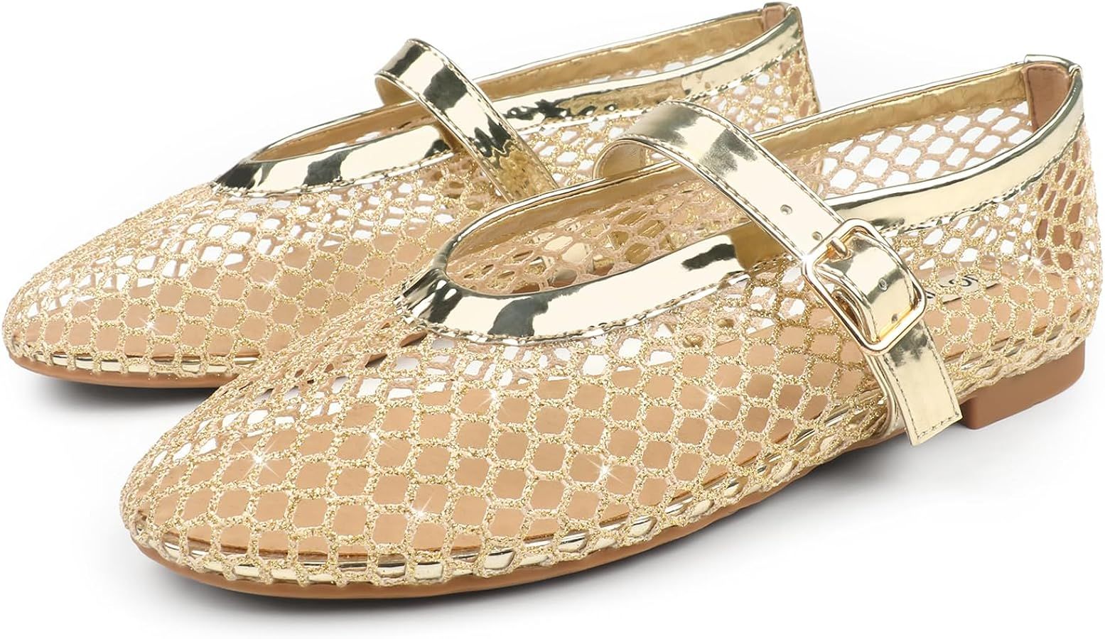 JOY IN LOVE Mesh Ballet Flats for Women Buckle Strap Round Toe Mary Jane Shoes | Amazon (US)