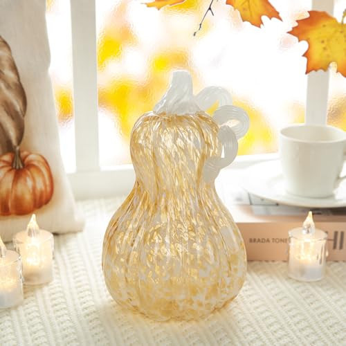 Glitzhome Hand Blown Glass Pumpkin, 8.5" H Fall Amber Dots Glass Gourd Crystal Pumpkin Home Decor Collectible Figurine Home Decorations for Tabletop/Halloween/Thanksgiving | Amazon (US)