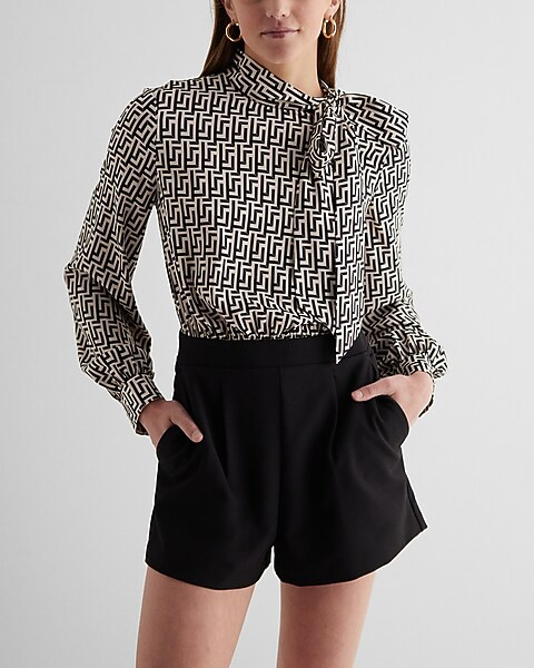 Printed Tie Neck Long Sleeve Romper | Express