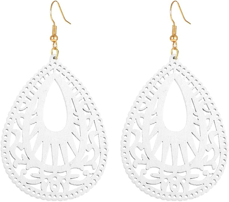 MALOYANVE Bohemian Wood Earrings for Women Handmade Natural Retro Lightweight Teardrop Geometric ... | Amazon (US)