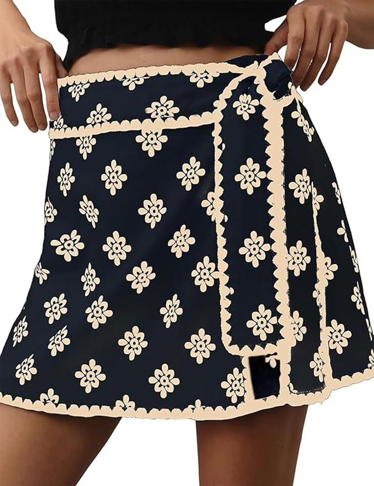 Mini Wrap Skirt Short for Women Flowy Bodycon Print Elastic Waist Fall Casual Beige Skort | Amazon (US)