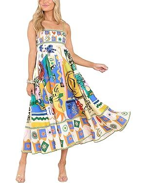 Women Cute Print Maxi Cami Dress Loose Sleeveless Spaghetti Strap Boho Dress Flowy Graffiti Long ... | Amazon (US)