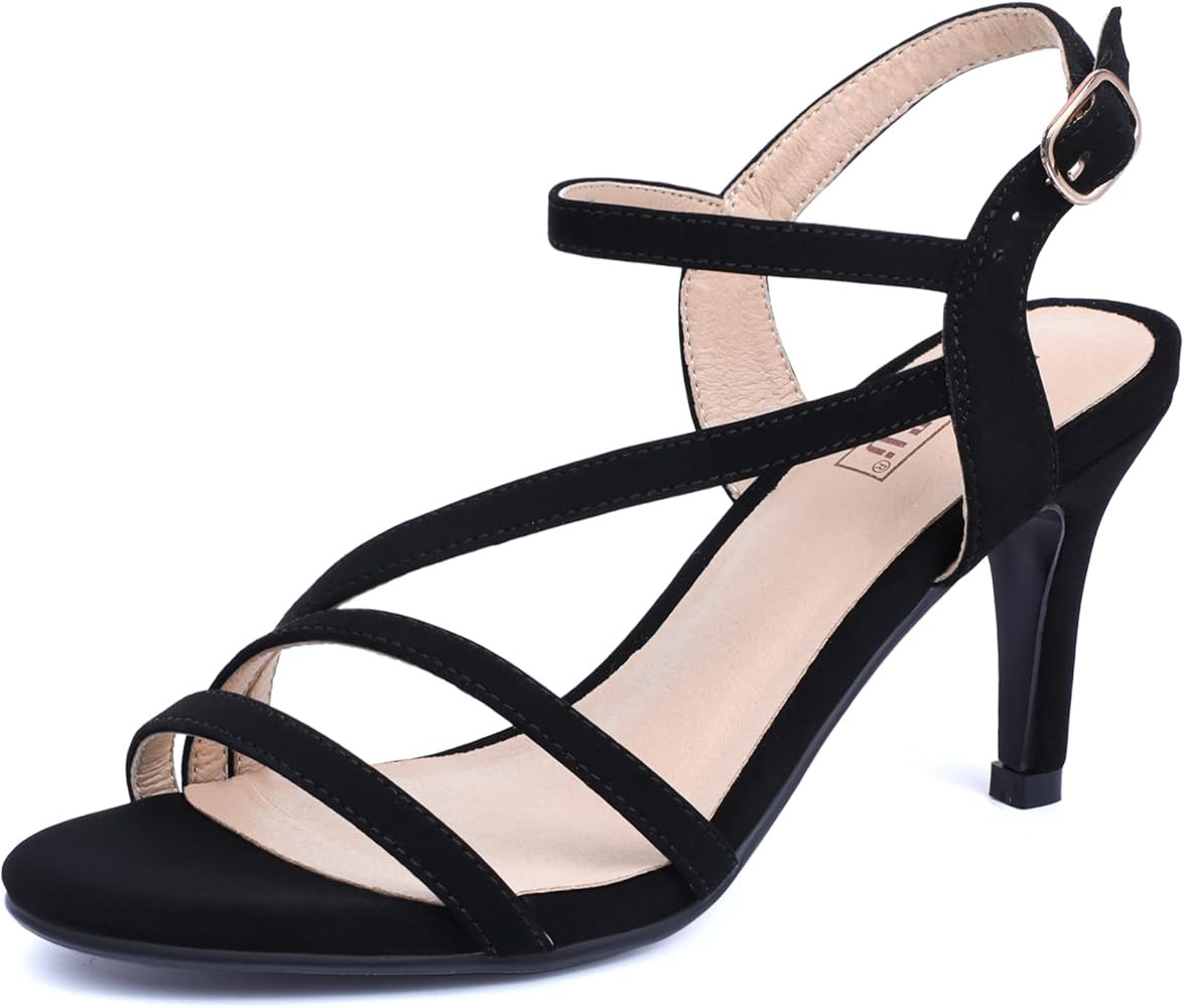 IDIFU Women's Black Nude White Silver Heels for Women Dress Kitten Heels Strappy Open Toe Heels S... | Amazon (US)