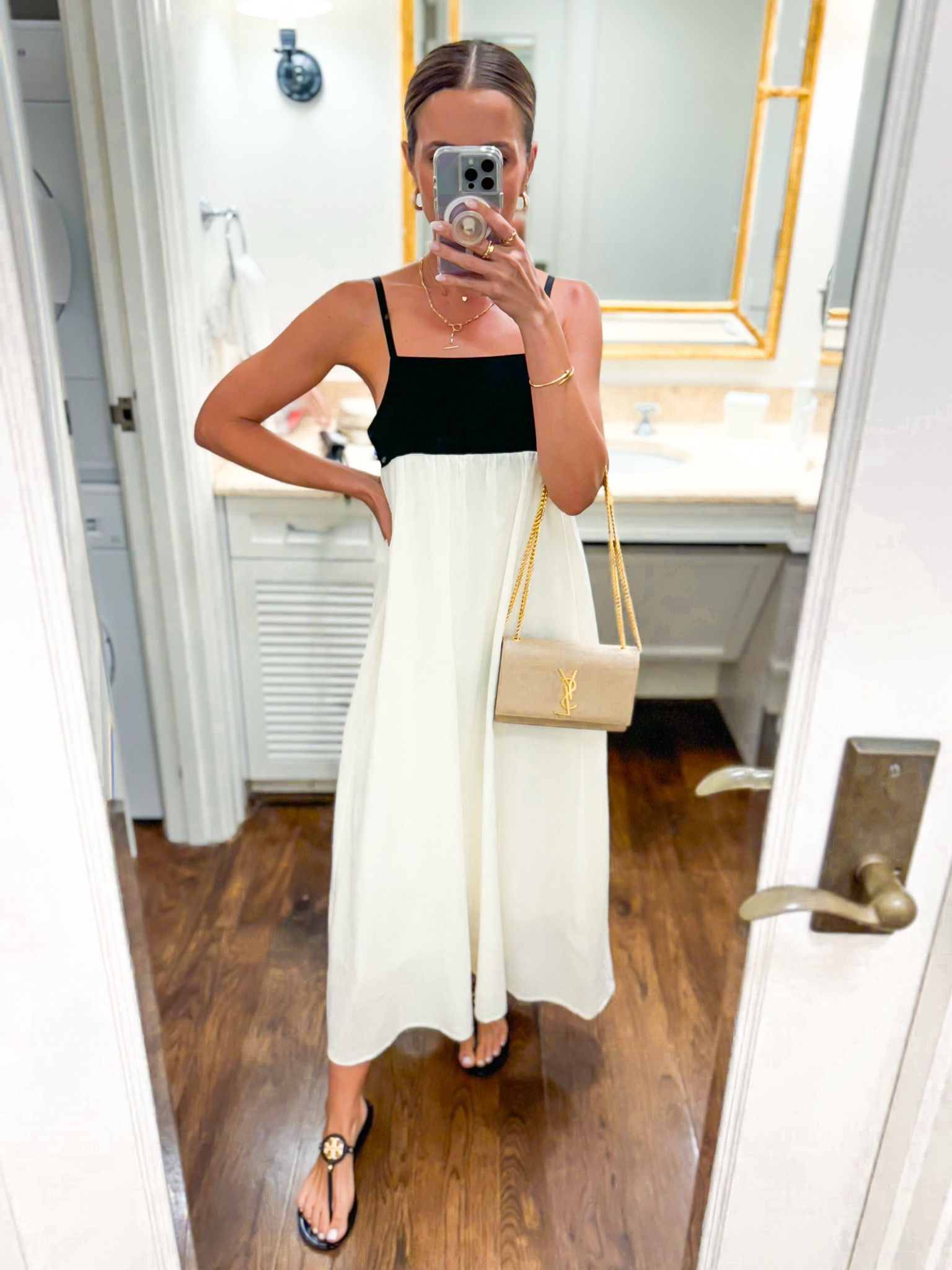 Resort wear. Vacation dress. Amazon maxi dress. Black and white maxi dress in small, dress is lined + adjustable straps. Tory Burch jelly sandals. YSL bag. Summer dress. Vacation outfit. 

#LTKShoeCrush #LTKTravel #LTKItBag