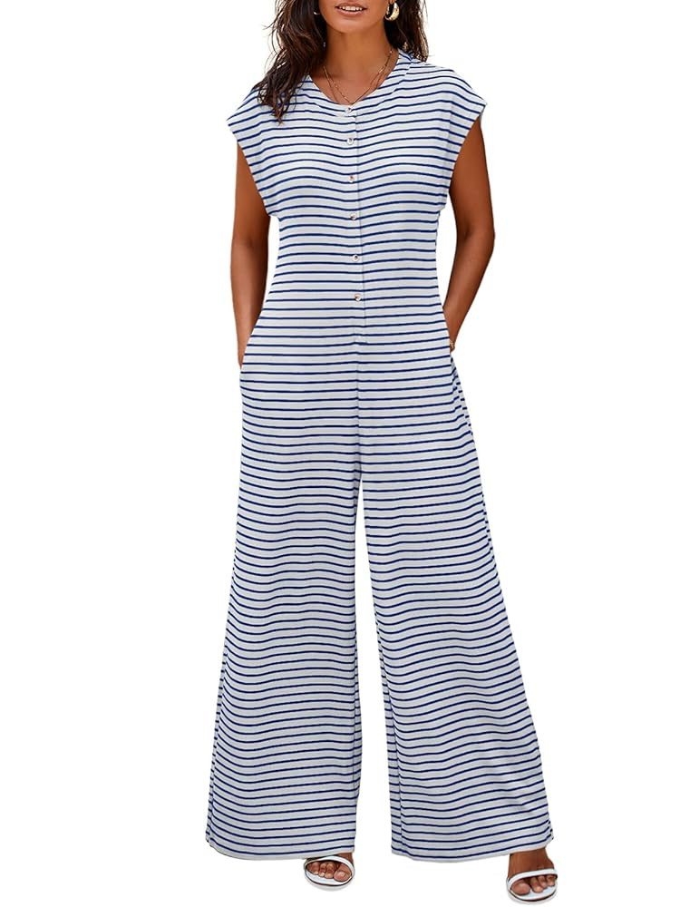 Cicy Bell Womens Casual Striped Jumpsuits Summer Cap Sleeve Wide Leg Jumper Romper Button Down Tr... | Amazon (US)
