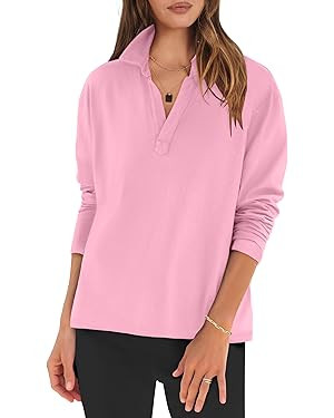 ANRABESS Women Long Sleeve Polo Shirts Casual V Neck Collared Boxy Fit Dressy Work Blouse Top Spr... | Amazon (US)
