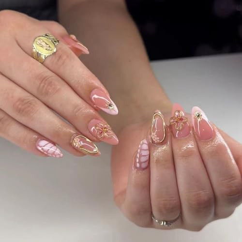 Nude Pink Press on Nails Medium Almond Fake Nails 3D Flowers Acrylic Nails Spring Artificial Nails Press ons Gold Irregularity False Nails with Rhinestone Designs Glue on Nails for Women Girls 24Pcs | Amazon (US)