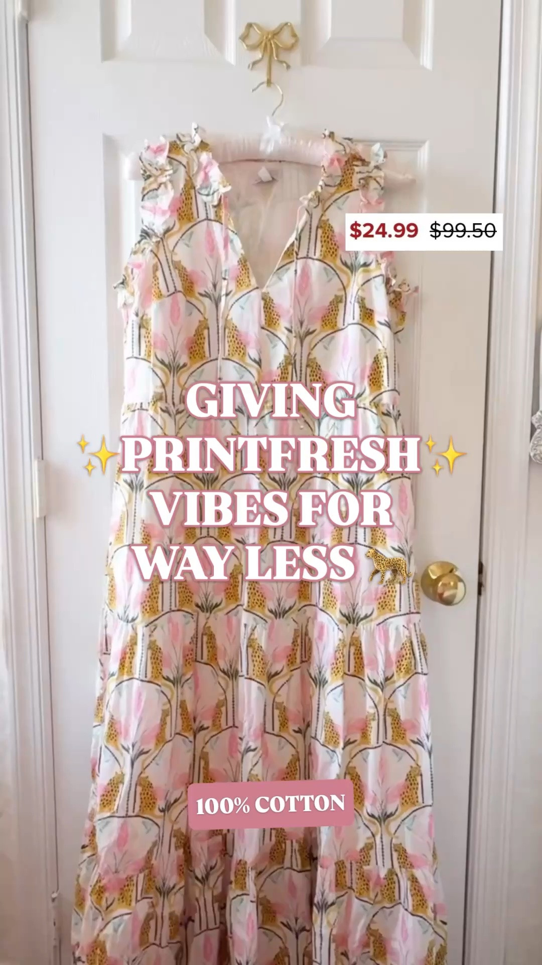 Printfresh look for less | jaguar print dress | cotton maxi dress | summer dress | vacation dress

The $25 dress that does not look like a $25 dress.

This is exactly why I love a good print-first find: the whimsical jaguar print, soft pink tropical leaves, ruffle neckline, split neck, sleeveless shape, tiered maxi skirt, and easy cotton silhouette give full Printfresh energy without the Printfresh price tag.

It is 100% cotton, fully lined, and the print is the reason this one stops the scroll. The jaguars make it feel fun and specific. The pink and green tropical details keep it feminine. The long tiered shape keeps it easy, forgiving, and polished. 

This is the summer dress that earns the suitcase spot: beach vacation, resort dinner, tropical getaway, cruise outfit, girls trip, vacation brunch, patio dinner, baby shower, bridal shower, church, family photos, lake weekend, and every warm-weather plan where you want the dress to be memorable before you add anything else.

Add raffia sandals, gold earrings, pearl hoops, a woven tote, flat sandals, wedges, or a denim jacket.

Printfresh look for less, Printfresh inspired dress, jaguar print dress, tropical print dress, cotton maxi dress, 100 cotton dress, lined maxi dress, tiered maxi dress, ruffle neck dress, split neck dress, vacation dress, beach vacation dress, resort dress, summer dress, summer dresses women, summer outfit, tropical vacation outfit, girls trip outfit, bridal shower dress, baby shower dress, church dress, feminine summer dress, designer look for less

#LTKFindsUnder50 #PreppyStyle #LookForLess #PrintFresh #FeminineStyle #SummerOutfit #VacationDress #VacationOutfit #SummerDress #WeddingGuestDress

#LTKSaleAlert #LTKSeasonal #LTKWedding