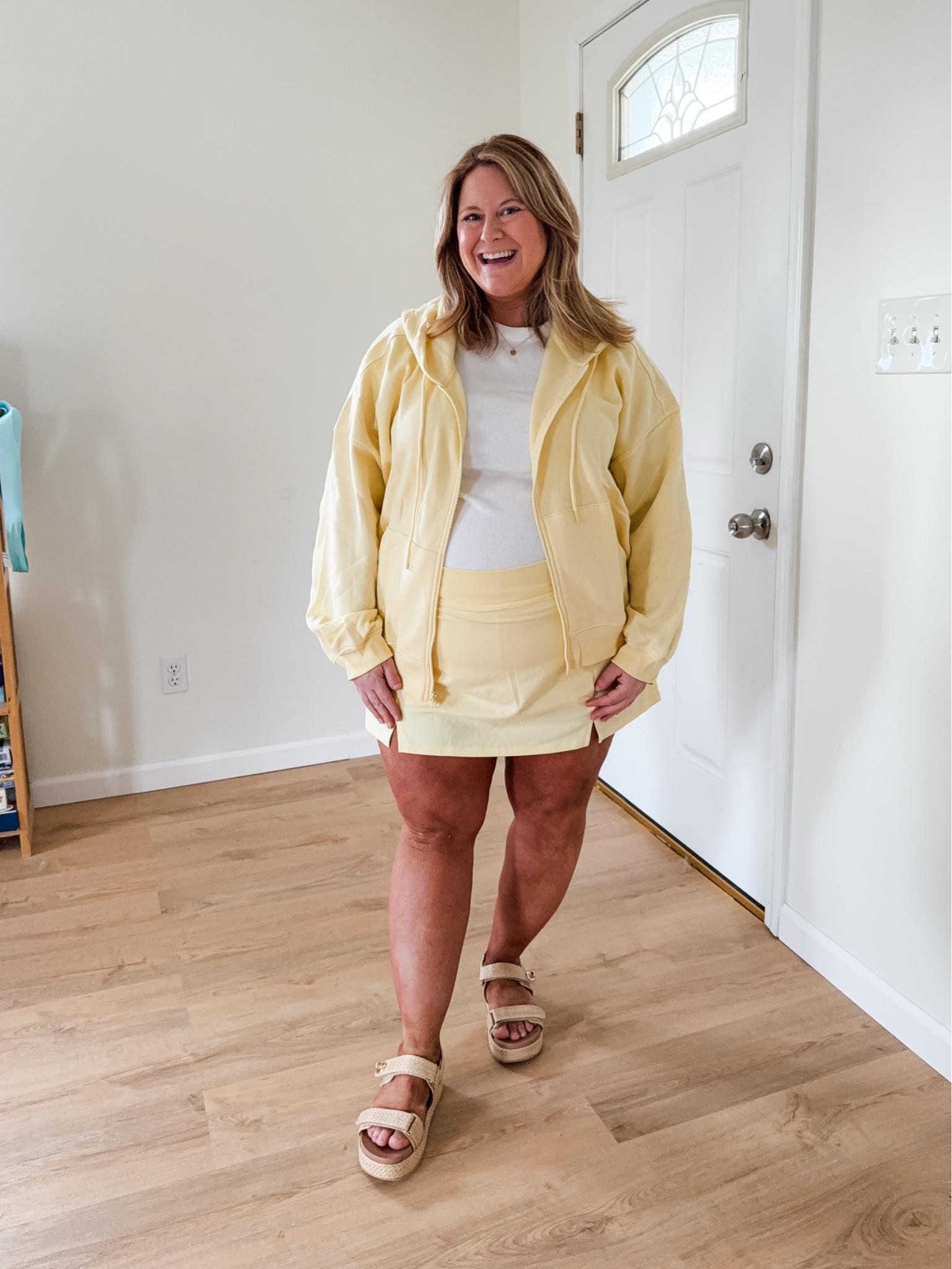 Wearing an XXl in my skort, XL in tee and zip hoodie. I decided not to keep because I don’t like the way the skort fits while pregnant but the butter yellow is so cute!!

#LTKMidsize #LTKActive #LTKBump
