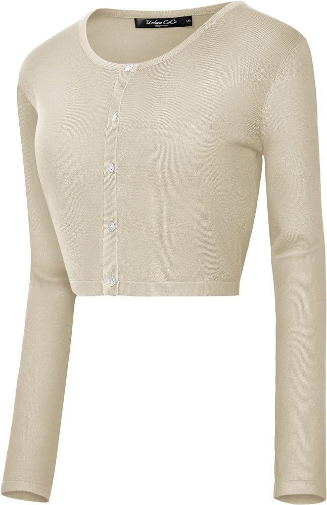 Urban CoCo Women's Button Down Crew Neck Cropped Cardigan Lightweight Shrug Kint Sweater | Amazon (US)