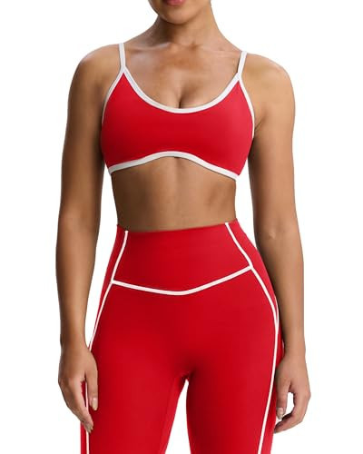 Aoxjox Women's Color Block Workout Sports Bras Fitness Lexi Lined Strappy Bra Athletic Yoga Crop Tank (Racing Red/White, X-Small) | Amazon (US)