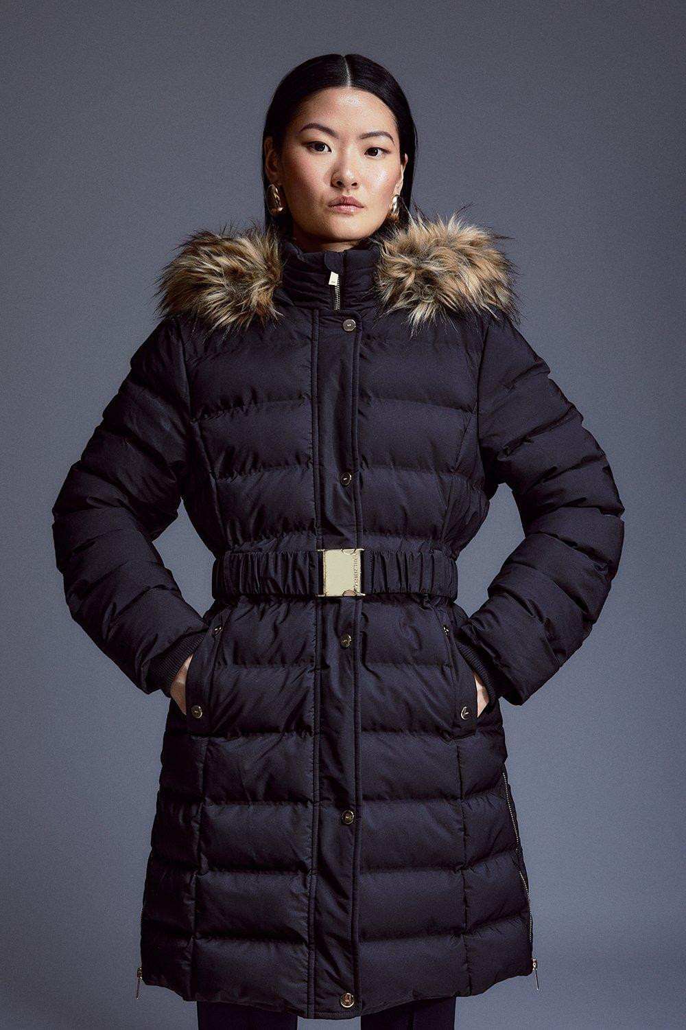 Heat Seal Puffer Belted Faux Fur Hood Jacket | Karen Millen UK + IE + DE + NL