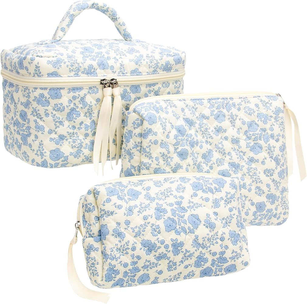 PAZIMIIK 3PCS Makeup Bag SET Large Travel Quilted Zipper Soft Cosmetic Case Pouch for Women Girls... | Amazon (US)