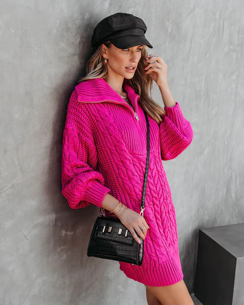 So Fetch Cable Knit Half Zip Sweater Dress - Hot Pink - SALE | VICI