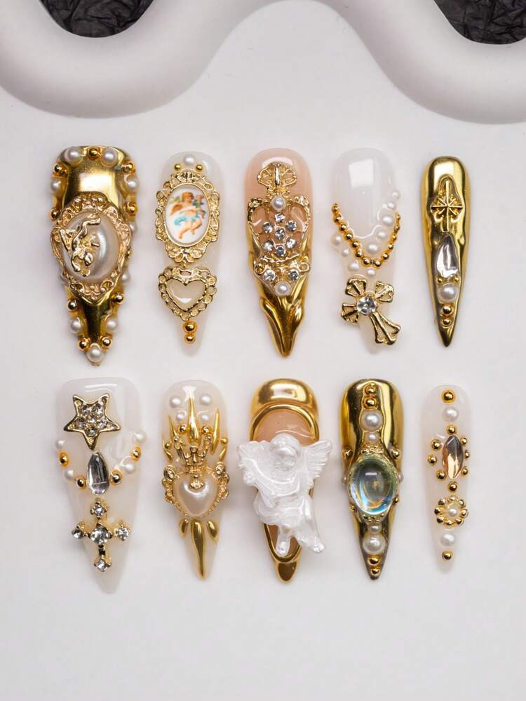 Spring/Summer Y2K Almond-Shaped Handmade Press-On Nails, Nude, Gold, White Nail Tips With French ... | SHEIN