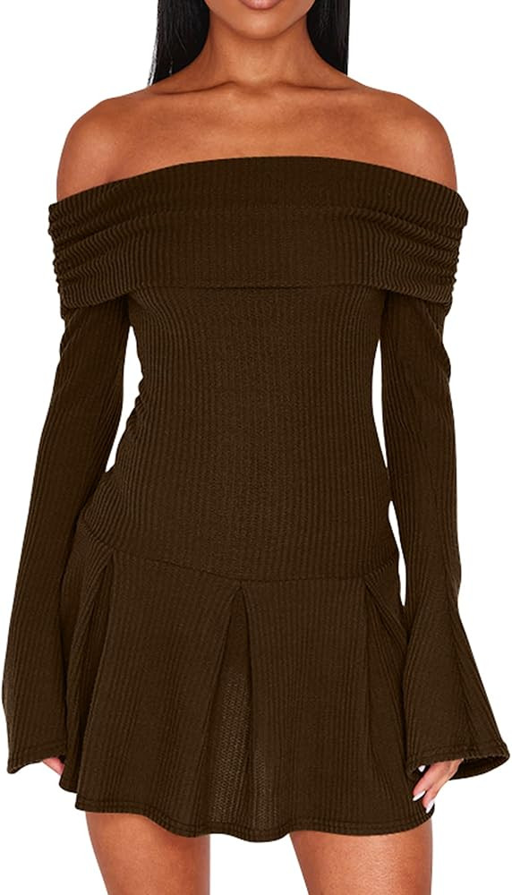 DAAWENXI Women's Casual Off The Shoulder Ribbed Knit Sweater Mini Dress 2025 Fall Long Sleeve A L... | Amazon (US)