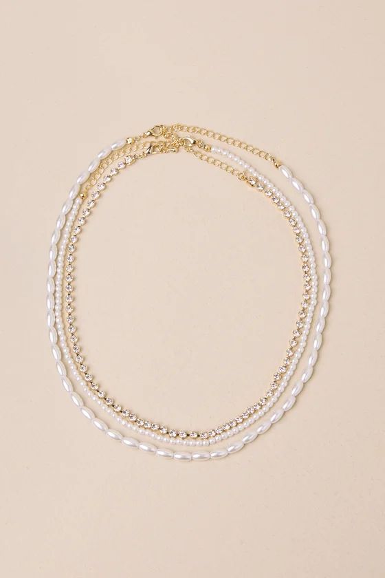 Irresistible Dazzle Gold Rhinestone Pearl Necklace Set | Lulus
