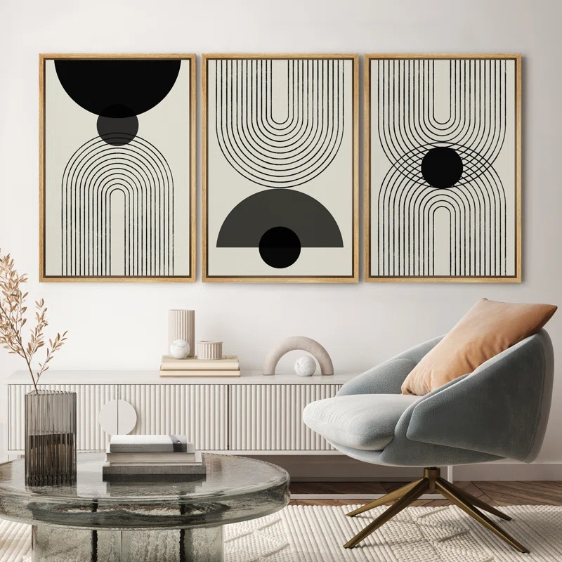Mid-Century Modern Black And White Minimalist Abstract Home Decor Framed Wall Art Work Canvas Pri... | Wayfair North America