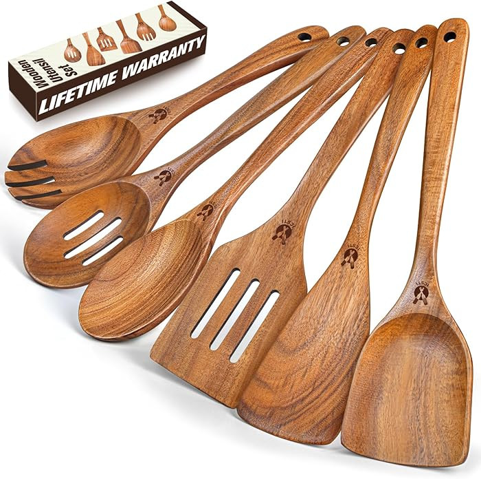 Wooden Spoons for Cooking, 6 Pcs Natural Teak Wooden Kitchen Utensils Set, Cooking Utensils Set w... | Amazon (US)