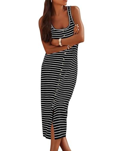 NOLLSOM Women Casual Sleeveless Striped Tank Midi Dresses Spring U Neck Bodycon Dresses T Shirt Summer Dress | Amazon (US)