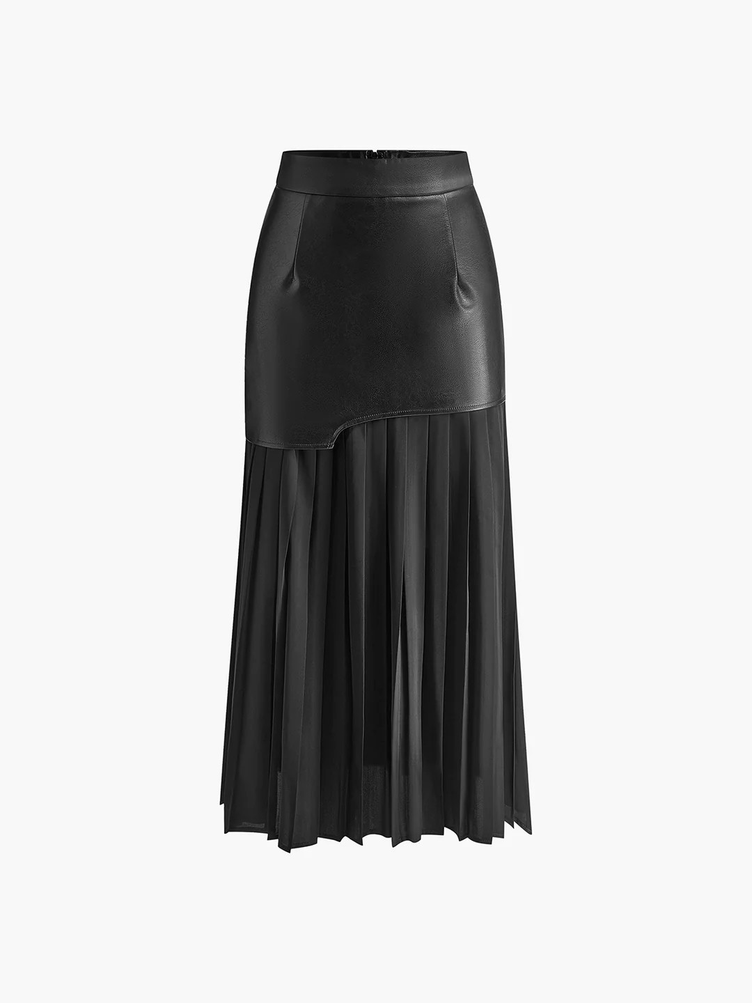 Asymmetric Patchwork Faux Leather Chiffon Pleated Midi Skirt | Commense